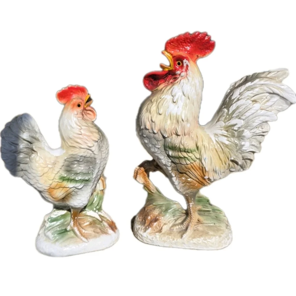 Vintage Rooster and Hen Large Ceramic Figurine 2 pc White Red Gray Antique Decor